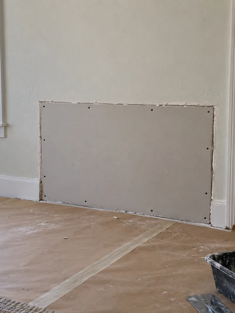 A rectangle of new bare board let into the lower half of a painted wall and screwed off, its joints not yet taped
