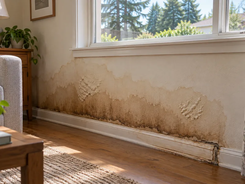 A brown flood tidemark across a wall with the paint blistered above the skirting