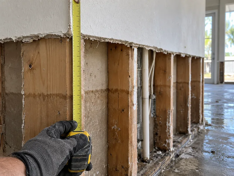 A gloved hand holding a tape measure up the cut edge of removed drywall, a flood tideline running across the studs behind
