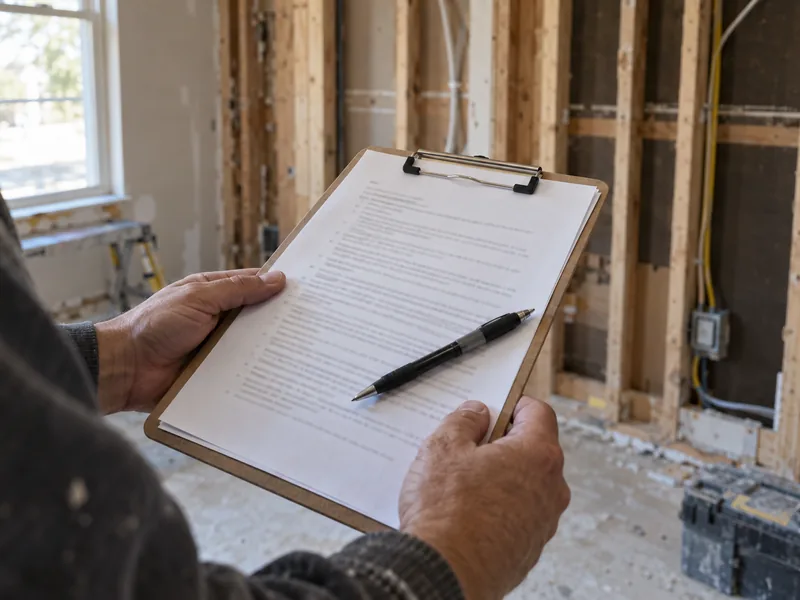 Hands writing a line-itemed estimate on a clipboard inside a house framed to bare studs